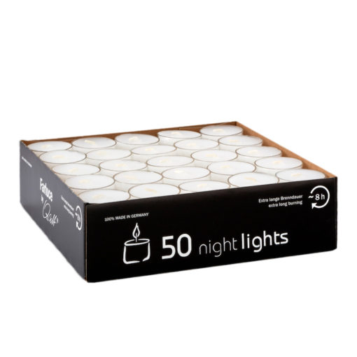 Teelichter nightlights, transparente Hülle, Weiss, ca. 8 h Brenndauer, 38 x 25 mm (50 Stück)